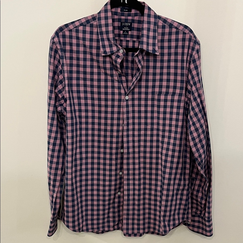 J. Crew Men's Casual Pink and Navy Plaid Shirt